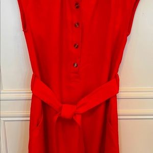 A Loves A Twill short sleeve scoop neck gathered button front dress